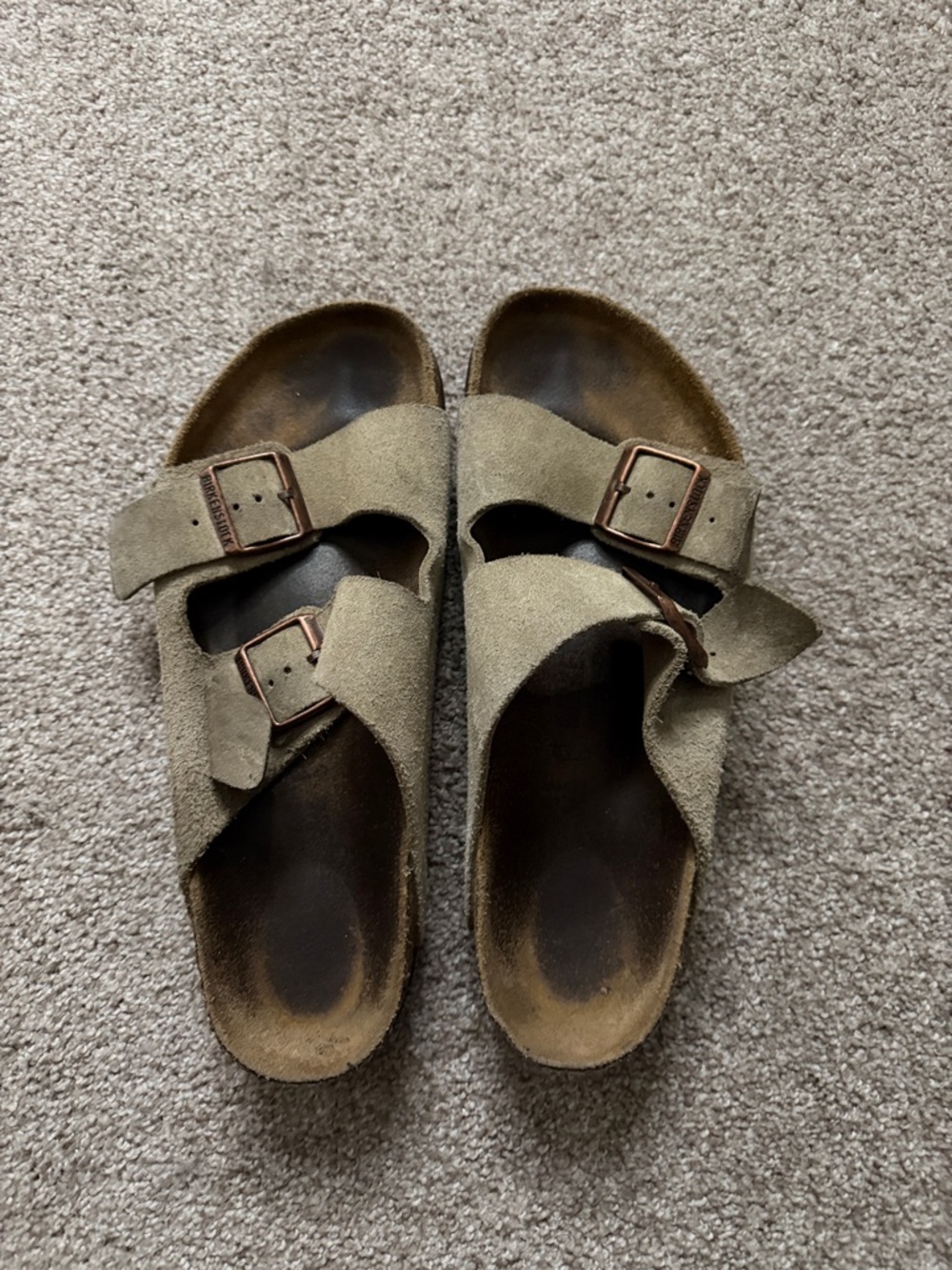 Suede Double Buckle Slide Sandals in Olive Taupe